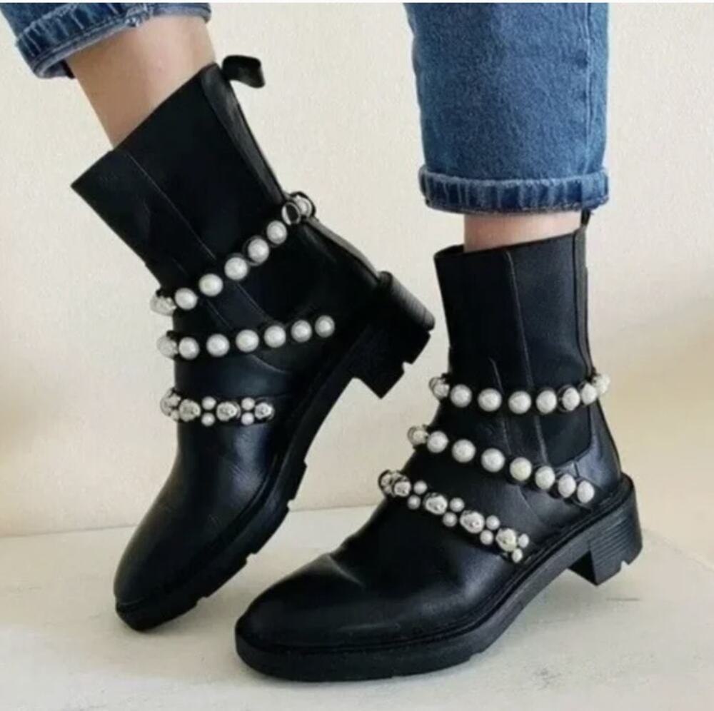 Zara Women's Black Leather Beaded Round Toe Western Ankle Boots Size US 6 EU 37
